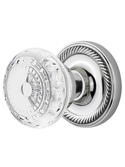 Rope Rosette Door Set with Meadows Crystal-Glass Knobs - 2 3/4 in Polished Chrome.